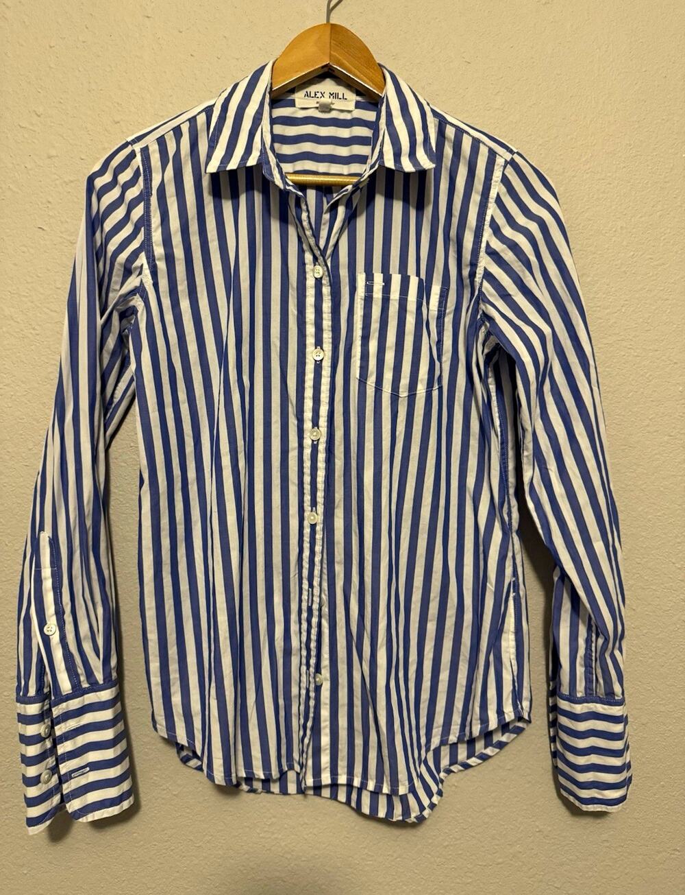 Alex Mill Striped Button Up Shirt Blue White Cotton Long Sleeve Pockets Size S